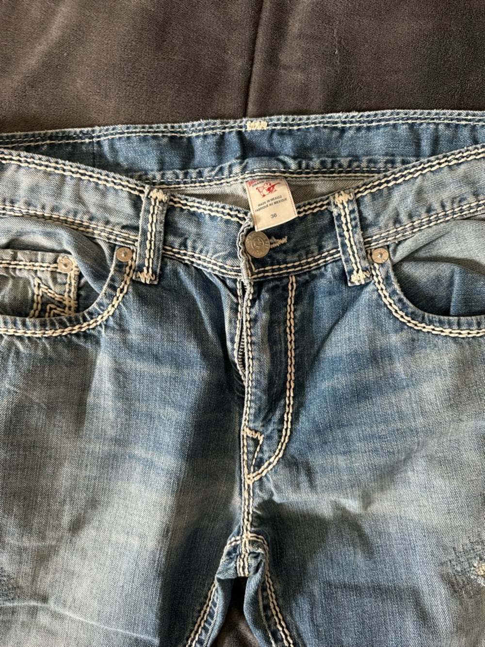 True Religion Light Blue Straight Leg Denim Jeans with White Contrast Stitching